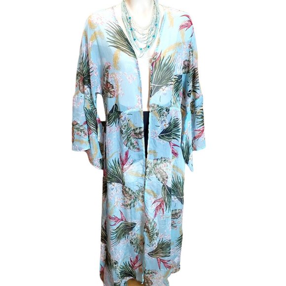 Gigio Long Sheer  Kimono Duster L Blue Tropical Floral Boho Peasant Hippie - Picture 2 of 10